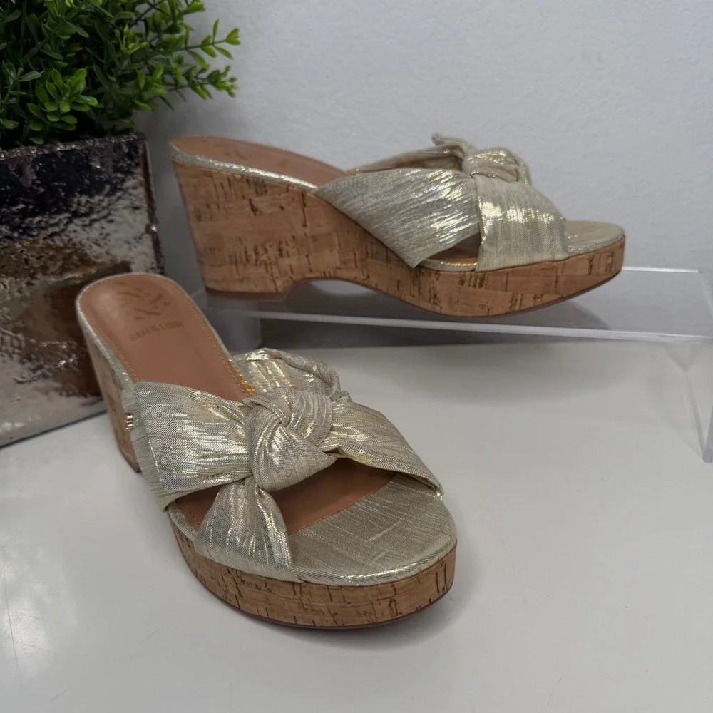 Sam & Libby Wedge Sandals Womens Gold Metallic Knot Bow Cork Platform Glam 8